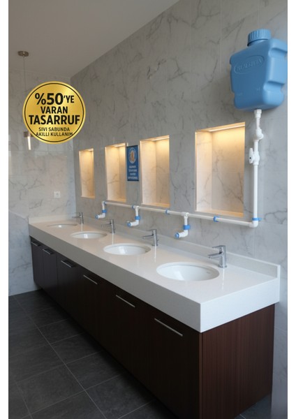 Merkezi Sistem Depolu Sabunluk Sistemi 10LT Butonlu Mavi 4 Musluklu