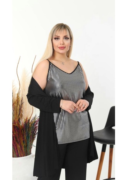 Kadın Büyük Beden Arkası Siyah, Önü Varak Baskılı Askılı Viskon Bluz fiyatları