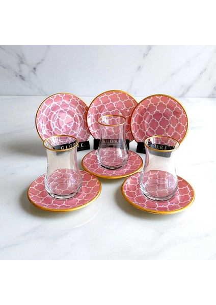 Pembe Geometrik Desenli 6'lı Cam Tabaklı Çay Bardağı Takımı - Sudedi Home