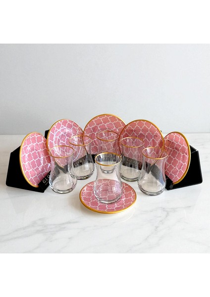 Pembe Geometrik Desenli 6'lı Cam Tabaklı Çay Bardağı Takımı - Sudedi Home fiyatları
