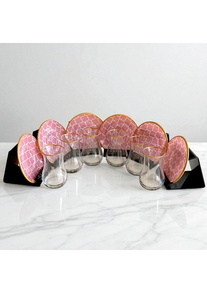 Pembe Geometrik Desenli 6'lı Cam Tabaklı Çay Bardağı Takımı - Sudedi Home modelleri