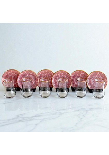 Pembe Geometrik Desenli 6'lı Cam Tabaklı Çay Bardağı Takımı - Sudedi Home fırsatları