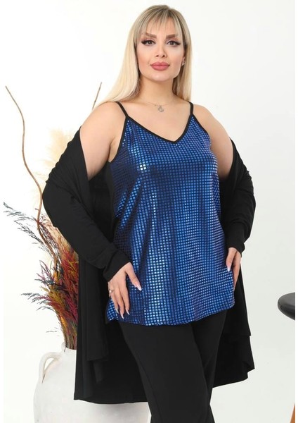 Kadın Büyük Beden Arkası Siyah, Önü Varak Baskılı Askılı Viskon Bluz fiyatları