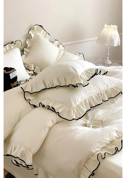 Pure %100 Tek Kişilik Nevresim Seti Süs Overlok Dikişli Ekru