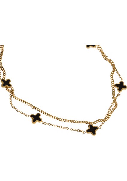 Kadın Siyah Yonca Detay Ikili Zincir Çelik Halhal
