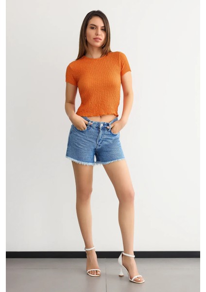 Kadın Dokuma Kumaşlı Yuvarlak Yaka Kısa Kollu Kırpılmış Üst Orange fiyatları