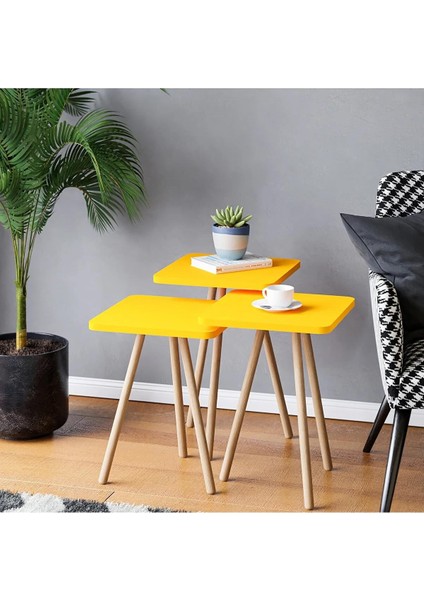 Ahşap Ayaklı Kare Tasarım Üçlü Zigon Sehpa Karedüz Sarı