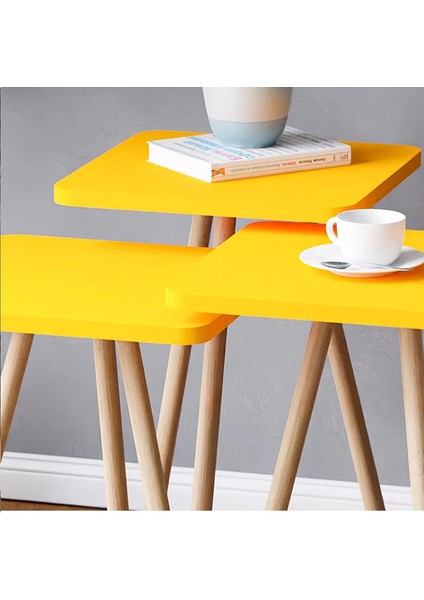 Ahşap Ayaklı Kare Tasarım Üçlü Zigon Sehpa Karedüz Sarı fiyatları