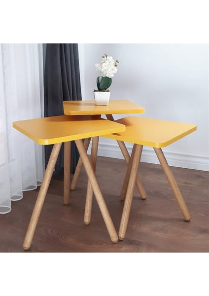 Ahşap Ayaklı Kare Tasarım Üçlü Zigon Sehpa Karedüz Sarı modelleri