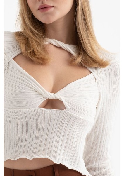 Kadın Tekne Yaka Ruched Göğüs Detaylı Kesikli Uzun Kol Bluz White indirimleri
