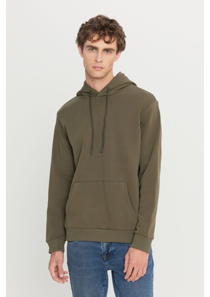 Erkek Haki Standart Fit Normal Kesim Içi Polarlı 3 Iplik Kapüşonlu Kanguru Cepli Pamuklu Sweatshirt