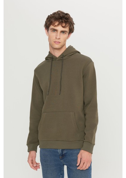 Erkek Haki Standart Fit Normal Kesim Içi Polarlı 3 Iplik Kapüşonlu Kanguru Cepli Pamuklu Sweatshirt modelleri