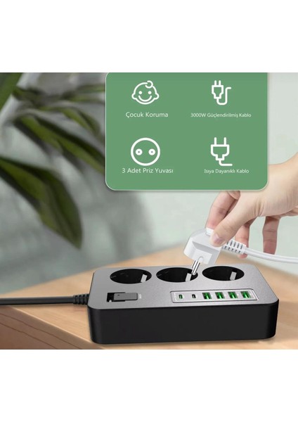 Akım Korumalı 3’lü Priz, 2×usb-C + 4×usb-A Hızlı Şarj, 2 M Kablo, 3000W, Çocuk Korumalı, Isıya Dayanıklı indirimleri