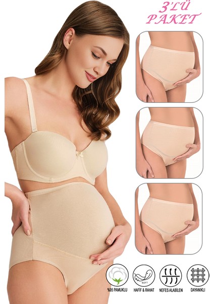 Özkan 23582 3'lü Paket Kadın Ten Rengi Pamuklu Likralı Süprem Hamile Lohusa Yüksek Bel Bato Külot