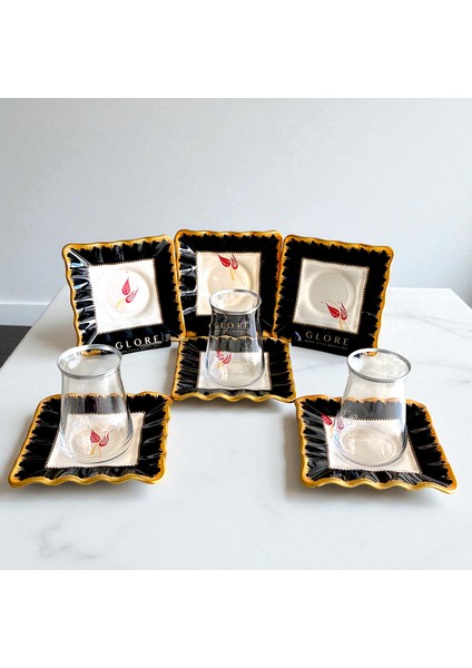 Lale Motifli Kare 6'lı Siyah-Beyaz Çay Bardağı Takımı - Sudedi Home