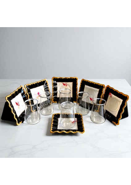 Lale Motifli Kare 6'lı Siyah-Beyaz Çay Bardağı Takımı - Sudedi Home fiyatları