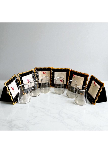 Lale Motifli Kare 6'lı Siyah-Beyaz Çay Bardağı Takımı - Sudedi Home modelleri