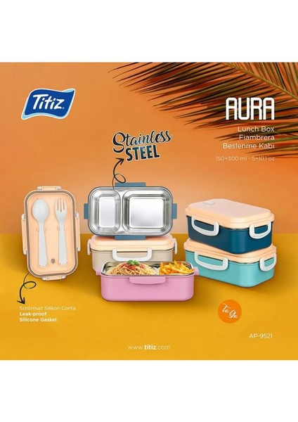 Aura 2 Bölmeli Isıtılabilir Çelik Saklama Kabı | 150 ml + 300 ml | Sıcak Su ile Isıtma Özellikli