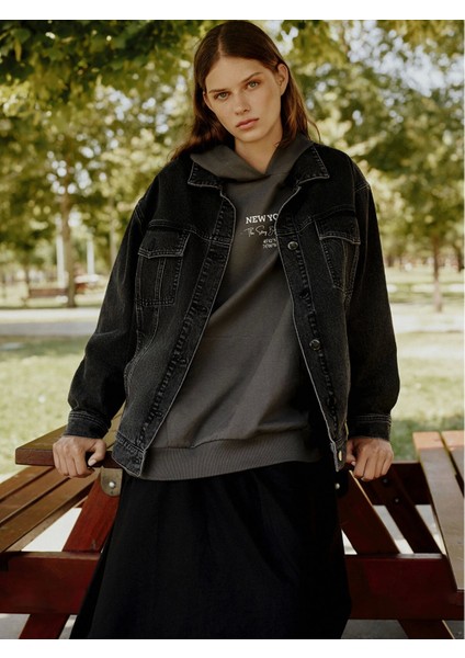 Lcw Modest Siyah Gömlek Yaka Oversize Kadın Jean Ceket