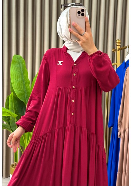 Kadın Büyük Beden Düz Desenli Düğmeli Kat Kat Elbise