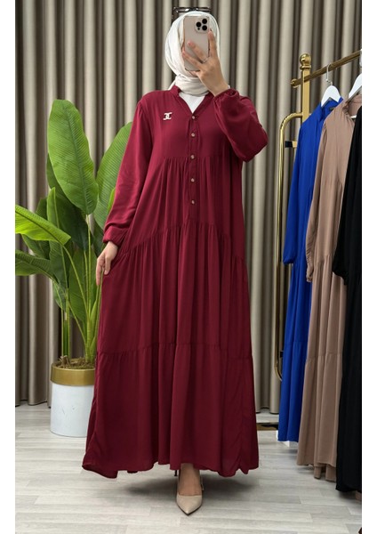 Kadın Büyük Beden Düz Desenli Düğmeli Kat Kat Elbise fiyatları