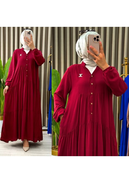 Kadın Büyük Beden Düz Desenli Düğmeli Kat Kat Elbise modelleri