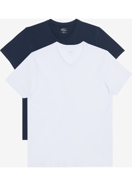 2'li Slim Fit Dar Kesim V Yaka %100 Pamuk Tişört