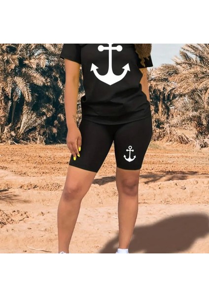 Kadın Kısa Kollu Çapa Baskılı Viskon Ikili Takım