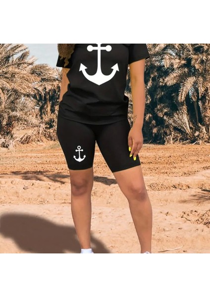 Kadın Kısa Kollu Çapa Baskılı Viskon Ikili Takım modelleri