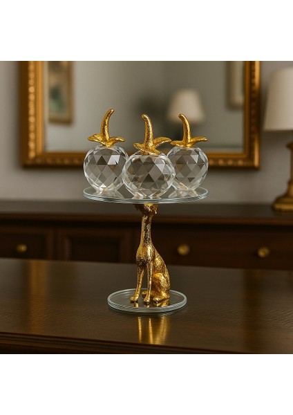 Kristal Cam Elmalar ve Gold Renkli Panter Figürlü Dekoratif Stand