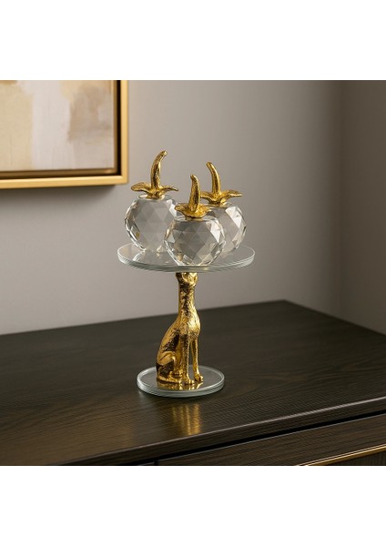 Kristal Cam Elmalar ve Gold Renkli Panter Figürlü Dekoratif Stand fiyatları