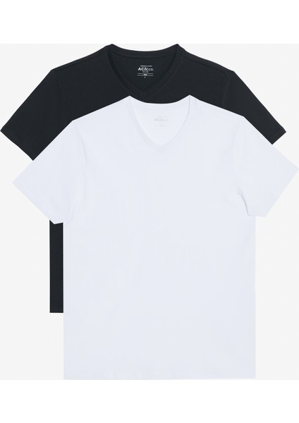 2'li Slim Fit Dar Kesim V Yaka %100 Pamuk T-Shirt