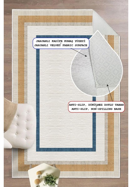 Modern Çerçeve Desenli Dekoratif Kaymaz Taban Yıkanabilir Salon Halısı