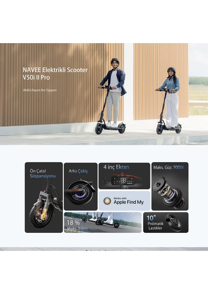 V50i Pro 2 Elektrikli Scooter - Amortisörlü 50 Km Menzil 700W - Tcs- Ipx5 - Doubleflip