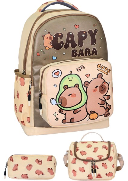 3’lü Ilkokul Kız ve Erkek Çocuk Beslenmeli ve Kalemlikli Okul Çantası Capybara