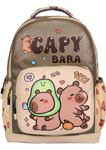 3’lü Ilkokul Kız ve Erkek Çocuk Beslenmeli ve Kalemlikli Okul Çantası Capybara
