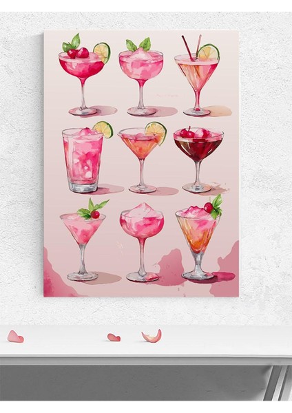 Pink Libations, Pembe Kokteyller Suluboya Mutfak Poster - Afiş - Dekoratif Duvar Poster