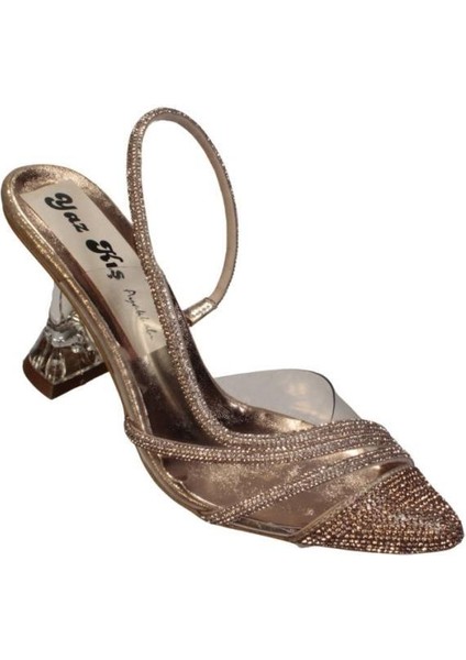 Yazkış Kadın Platin Gümüş Şeffaf Üzeri Taşlı Sivri Burun 9cm Kadeh Topuk Düğün Nişan Abiye Ayakkabı