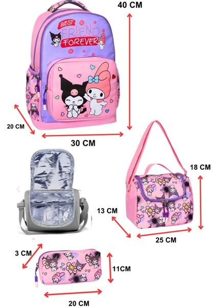 3’lü Ilkokul Kız ve Erkek Çocuk Beslenmeli ve Kalemlikli Okul Çantası Pembe Kuromi fiyatları
