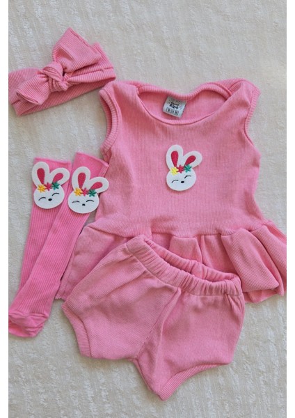 Pembe Ribana Bebek-Çocuk Şort Bluz Bandana Tavşan Keçeli Çorap Set Hediyelik