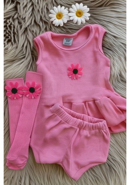 Pembe Ribana Bebek-Çocuk Şort Bluz Bandana Çiçek Keçeli Çorap Set 6-36 Ay