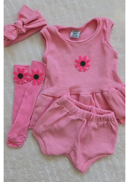 Pembe Ribana Bebek-Çocuk Şort Bluz Bandana Çiçek Keçeli Çorap Set 6-36 Ay fiyatları