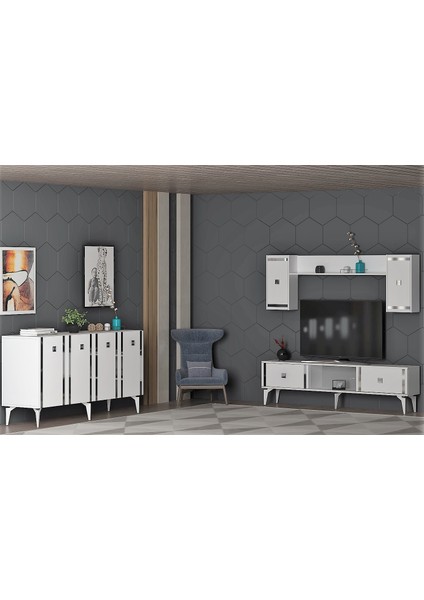 Dorukct Tv Ünitesi ve Konsol 2'li Salon Takımı Beyaz-Gümüş