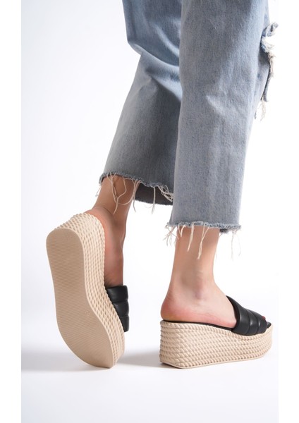 Jet-Reına Dolgu Topuklu Ortopedik Taban Hasır Görünümlü Kadın Terlik Ckt - Siyah modelleri