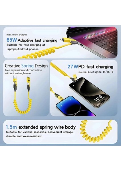 4'ü 1 Arada Çok Fonksiyonlu USB Şarj Kablosu Hızlı Şarj Spiral Tasarım Lightning/type-C Uyumlu Araç Için Uyumlu