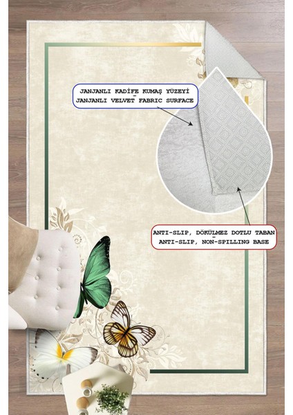 Dijital Baskılı Kelebek Desenli Dekoratif Kaymaz Taban Yıkanabilir Halı Salon Halısı Yolluk