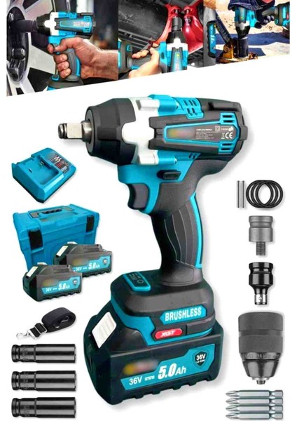 36 V 5 Ah Akülü Somun Bijon Sökme Sıkma Matkap Kömürsüz Akülü Vidalama Mandren D