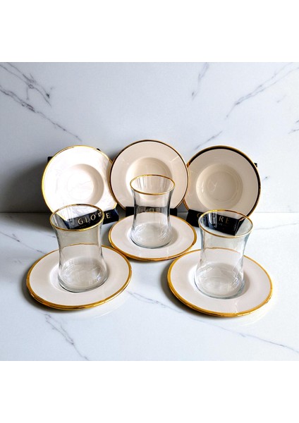 Sade 6'lı Beyaz Tabaklı ve Altın Detaylı Çay Bardağı Takımı - Sudedi Home
