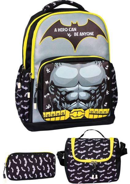 3’lü Ilkokul Kız ve Erkek Çocuk Beslenmeli ve Kalemlikli Okul Çantası Siyah Batman