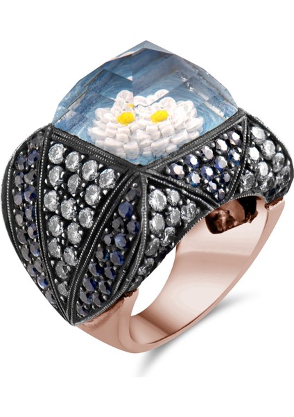 4.73 Karat Pırlanta Safir Yüzük, Çiçek Motifli, Gerçek Pırlanta, Mücevher Sertifikalı